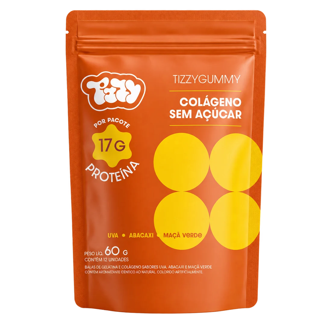Pacote TIZZY de 60 g, sabores abacaxi, maçã verde e uva